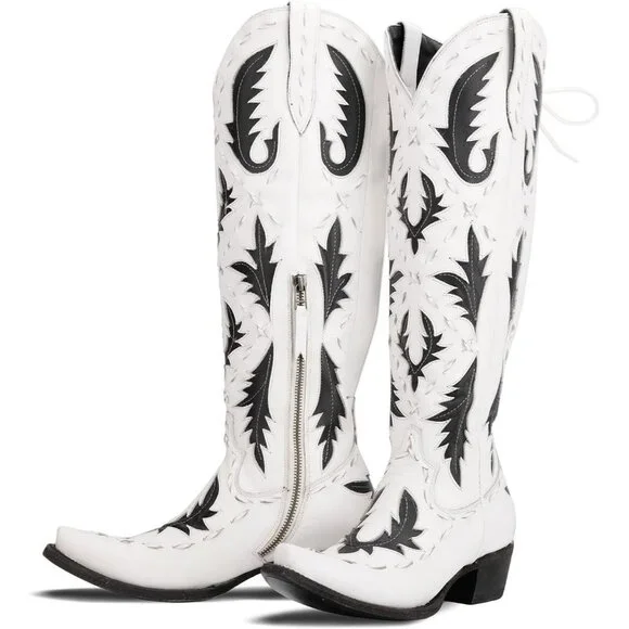 Women's White Pointed Toe Zipper Cowgirl Boots Lace up Chunky Heel Western Boots - Picture 1 of 7